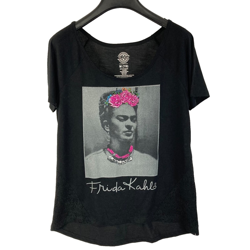 Frida Kahlo Graphic Lace-Trim Tee - Black Size Medium (7/9)